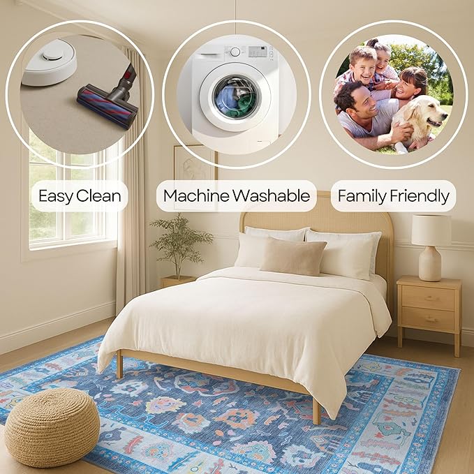 Fame Rugs Blue Modern Oushak Rug 10x13, Vintage Turkish Colorful Oriental Washable Antique Inspired Oversize Area Rugs, Luxury Living Room Bedroom (387BNB, 10' x 13')