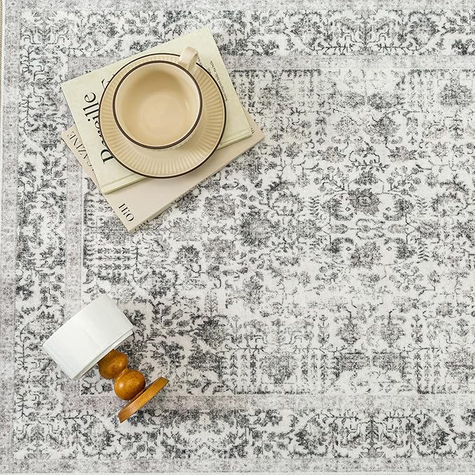 Black Area Rug 10x12 Machine Washable Large Vintage Living Room Distressed Non Slip Carpet Traditional Indoor Bedroom Grey Retro Floral Accent Throw Rug for Office Kitchen Dining Room