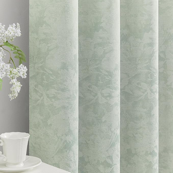 Beauoop Green Floral Jacquard Blackout Curtains 90 Inches Long 2 Panels for Bedroom Living Room Sage Flower Chenille Room Darkening Thermal Insulated Soundproof Grommet Window Treatments Drapes, 52x90