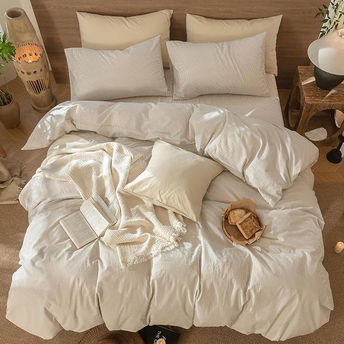MooMee Striped Duvet Cover Set 100% Washed Cotton Linen Like Textured Breathable Durable Soft Comfy (Tannish Linen Grey White Pinstripes, Twin 68"x90")