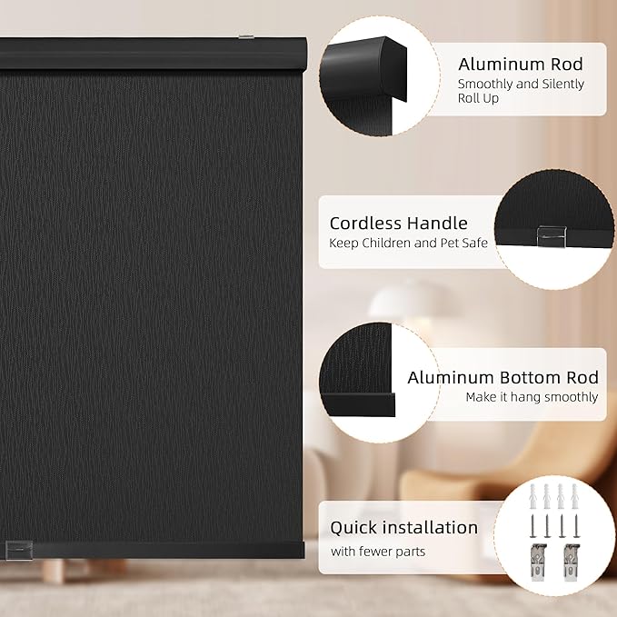 ChrisDowa Cordless Blackout Roller Shades for Windows, Striped Free-Stop Window Blinds with Privacy, Thermal Insulated Window Shades for Home, Office and Door. Black, 72" W x 72" H