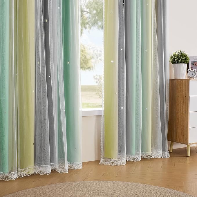 XiDi Curtains for Bedroom Decor, Rainbow GreenYellowGrey34/96/1