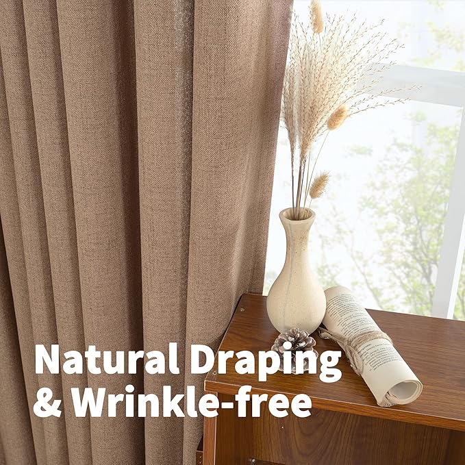 YoungsTex Mocha Brown Linen Curtains 63 Inch Length for Living Room Window, Light Filtering Drapes with Grommet Semi Sheer Rustic for Office Bedroom, 2 Panels, 42 X 63 Inch