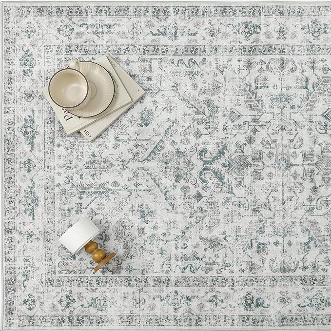 Blue 3x5 Entryway Rug Vintage Area Carpet Indoor Office Washable Door Mat Entrance Small Low Pile Traditional Distressed Retro Accent Throw Rug Non Slip Kitchen Bathroom