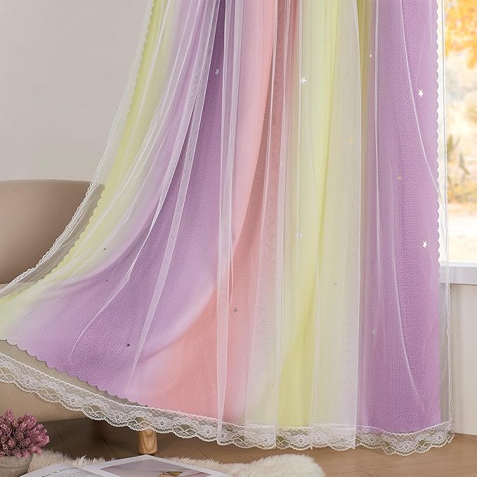 XiDi Curtains for Bedroom Decor, Rainbow Pink PurpleYellow52/96/1
