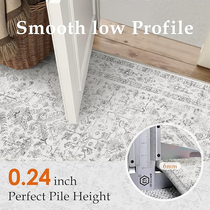 Grey 6x9 Area Rug Vintage Washable Living Room Carpet Non Slip Bedroom Indoor Office Low Pile Large Traditional Distressed Retro Accent Rug for Dining Room Bathroom Kitchen