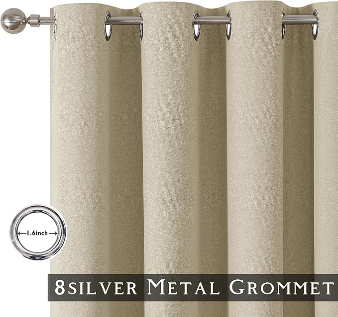 ChrisDowa 100% Blackout Linen Curtains, 2 Panels Set Thermal Insulated Room Darkening Curtains for Living Room, Privacy Grommet Window Drapes for Bedroom (Greyish Beige, 52 x 120 Inch)