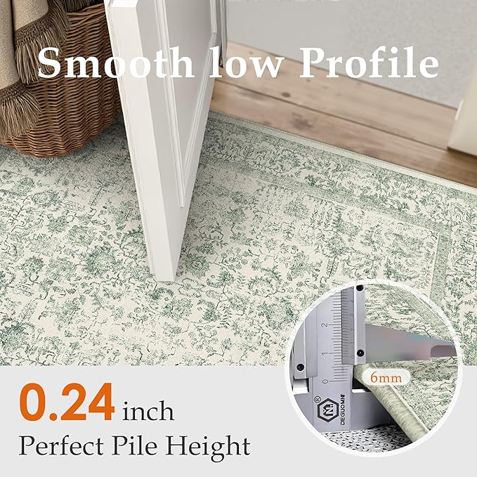 Runner Rug 2x5 Sage Green Hallway Washable Vintage Distressed Kitchen Carpet Non Slip Neutral Low Pile Retro Floral Farmhouse Long Throw Rug Entryway Bathroom Office Laundry Dining Room