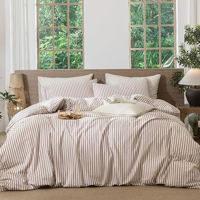 MooMee Striped Duvet Cover Set 100% Washed Cotton Linen Like Textured Breathable Durable Soft Comfy (Orange Classic Stripes, Queen 90"x90")