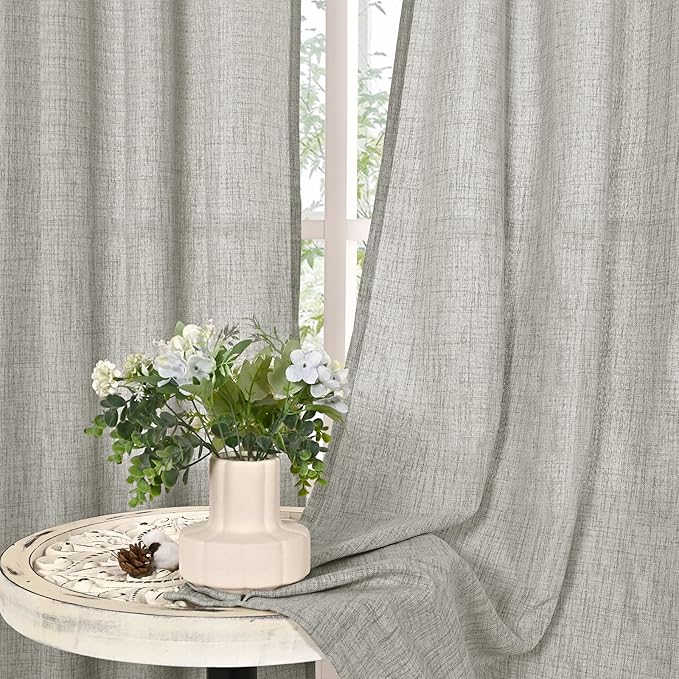 YoungsTex Light Grey Linen Semi Sheer Curtains 63 Inches Long for Bedroom 2 Panels - Textured Light Filtering Window Drapes with Bronze Grommet Privacy for Living Room, 2 Panels, 52 X 63 Inch