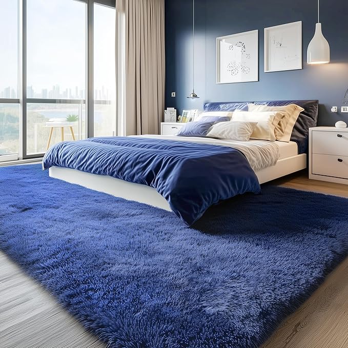 PAGISOFE Navy Blue Rug 5x8 Ft Fluffy Shag Rugs for Living Room Soft Shaggy Machine Washable Large Rugs for Kids Room Carpet Nursery Floor Boys Room Dorm Rug Kid Playroom Navy Area Rug Teen Home Decor
