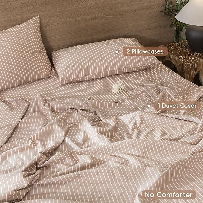 MooMee Striped Duvet Cover Set 100% Washed Cotton Linen Like Textured Breathable Durable Soft Comfy (Orange White Wide Stripes, Super Queen 90"x98")