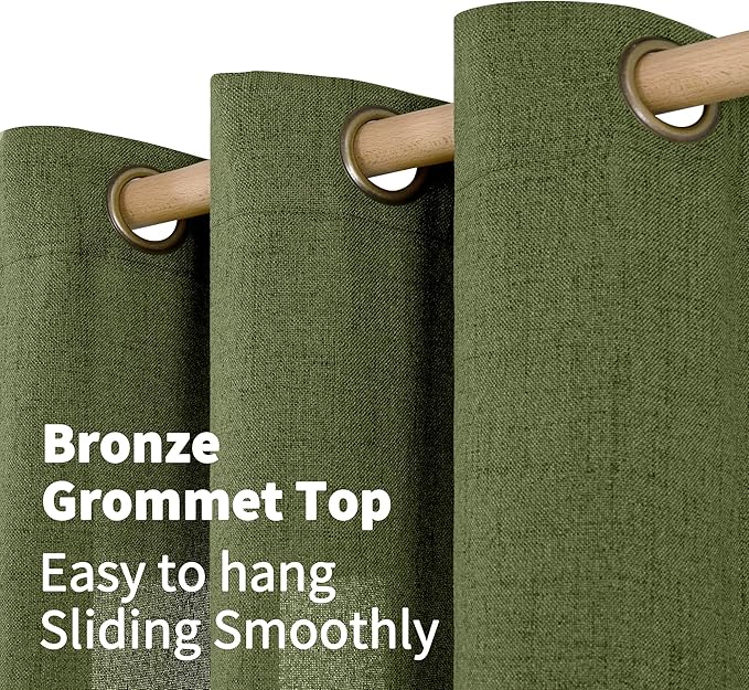 YoungsTex Olive Green Linen Curtains 63 Inch Length 2 Panels for Living Room, Semi Sheer Drapes Light Filtering with Bronze Grommet Textured Privacy for Office Bedroom, 52 X 63 Inch