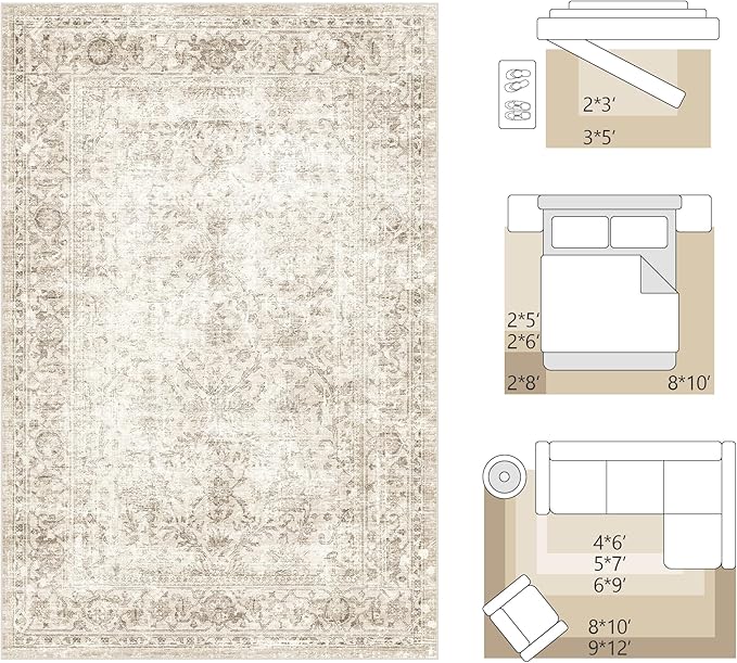 Fmfunctex 3x7 Runner Rug Beige Washable Vintage Neutral Distressed Non Slip Low Pile Indoor Carpet Soft Retro Floral Hallway Entryway Rug for Kitchen Living Room Bedroom Bathroom Laundry Entry Bedside
