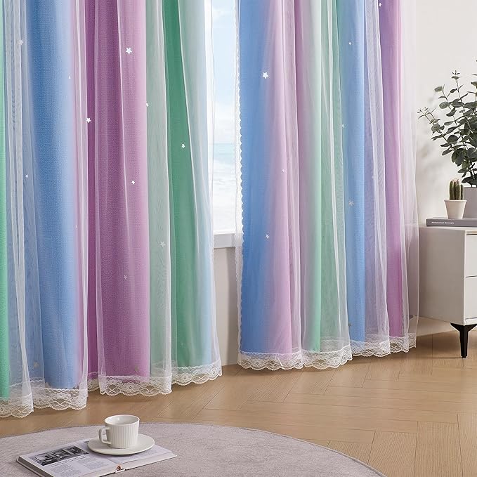 XiDi Curtains for Bedroom Decor, Rainbow Green PurpleBlue52/54/1