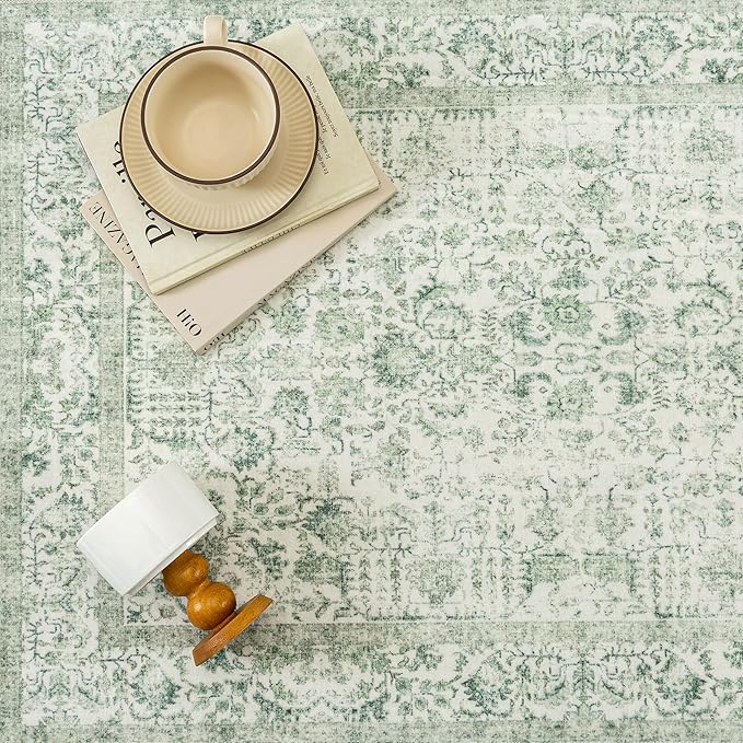 Sage Green Area Rug 2x3 Washable Vintage Distressed Entryway Carpet Non Slip Neutral Door Mat Low Pile Retro Floral Farmhouse Accent Throw Small Rug for Bathroom Laundry Kitchen Dining Room