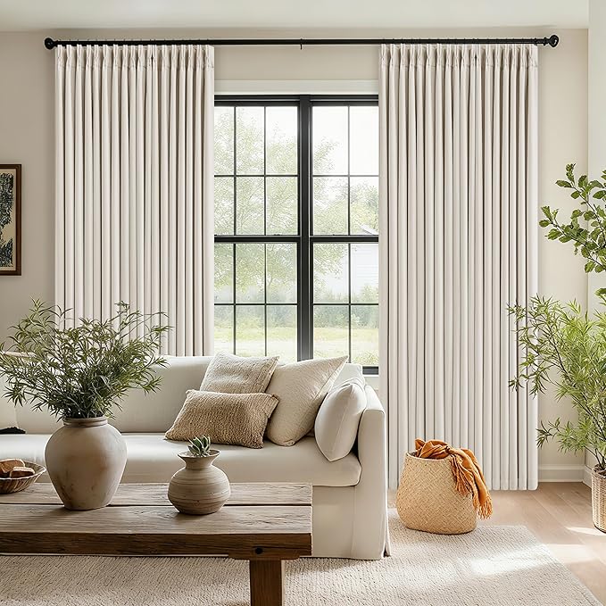 Cream White Linen Blackout Pleated Curtains 108 Inches Long 2 Panels Set Pinch Pleate 100% Black Out Double Layer Natural Burlap Thermal Insulated Drapes for Bedroom Living Windows 108 Inch Length