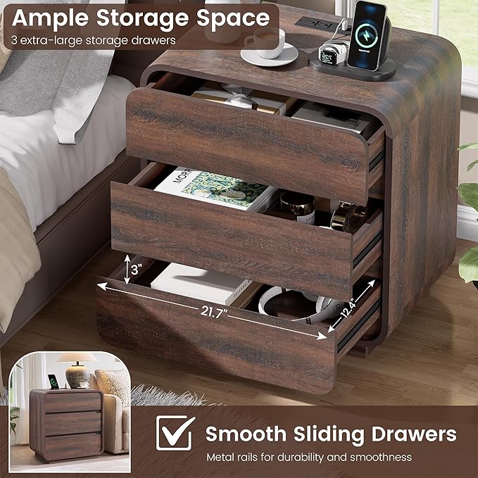 Walnut Curved Nightstand Set of 2, 23.2" Wide Wood Bedside Table with Charging Station, 3 Storage Drawers Night Stand, Large End Table for Bedroom, Living Room, Sofa
