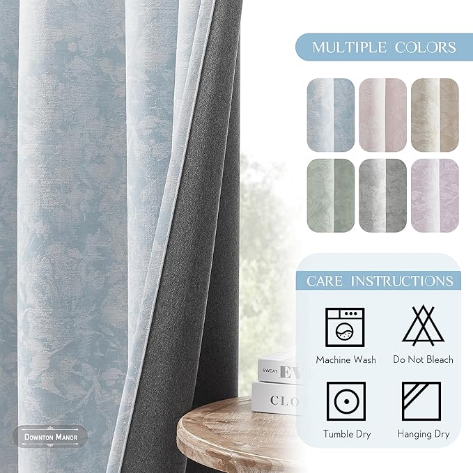 Beauoop Blue Floral Jacquard Blackout Curtains 72 Inches Long 2 Panels for Bedroom Living Room Chenille Flower Room Darkening Thermal Insulated Soundproof Grommet Window Treatments Drapes, 52x72
