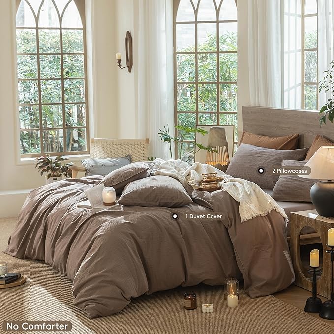 MooMee Wavy Striped Duvet Cover Set 100% Washed Cotton Linen Like Textured Breathable Durable Soft Comfy (Brown, Palatial King/Oversized King 120"x98")