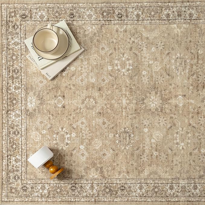 4x6 Brown Area Rug Non Slip Vintage Office Entryway Rug Distressed Machine Washable Kitchen Carpet Retro Traditional Floral Accent Throw Door Mat for Bedroom Bathroom Dining Living Room