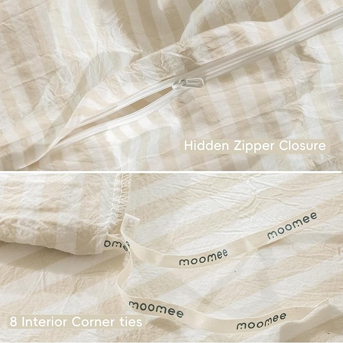 MooMee Striped Duvet Cover Set 100% Washed Cotton Linen Like Textured Breathable Durable Soft Comfy (Almond Milk Grey Classic Stripes, Super Queen 90"x98")
