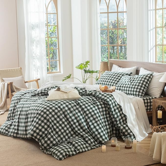 MooMee Gingham Duvet Cover Set 100% Washed Cotton Linen Like Textured Breathable Durable Soft Comfy Modern Checkered Design (Buffalo Plaid Forest Green, Palatial King/Oversized King 120"x98")