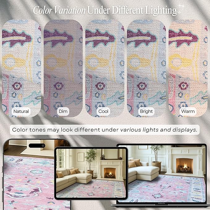 Fame Rugs Pink Modern Oushak Rug 5x7, Washable Vintage Turkish Colorful Oriental Antique Inspired Area Rugs, Luxury Living Room Bedroom (385PB, 5' x 7')