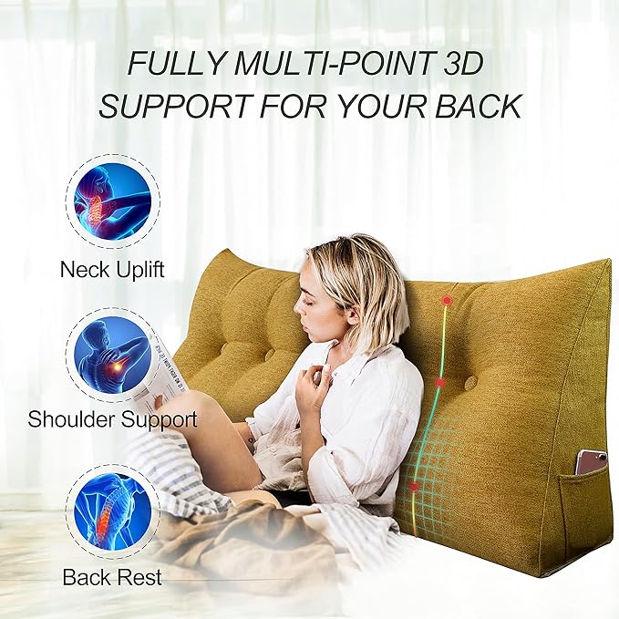homecozy Wedge Headboard Pillow Dorm Room Reading Pillow Back Support for Sitting Up in Bed Bolster Lumbar Cushion Body Positioning Bedrest Cotton Linen 39in Yellow Twin