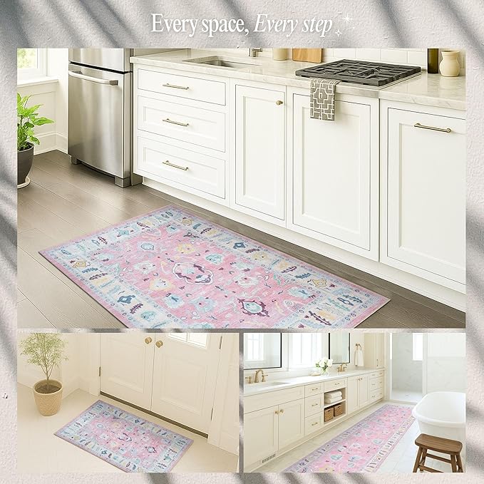 Fame Rugs Pink Modern Oushak Rug 6x9, Vintage Turkish Colorful Oriental Antique Inspired Washable Large Area Rugs, Luxury Living Room Bedroom (385PB, 6' x 9')