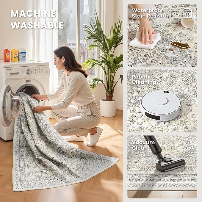 zesthome 9x12 Area Rugs,Stain Resistant Washable Rug,Ultra-Thin Rugs for Living Room,Bedroom,Non-Slip Backing Home Decor Large Area Rug (Beige,9'x12')