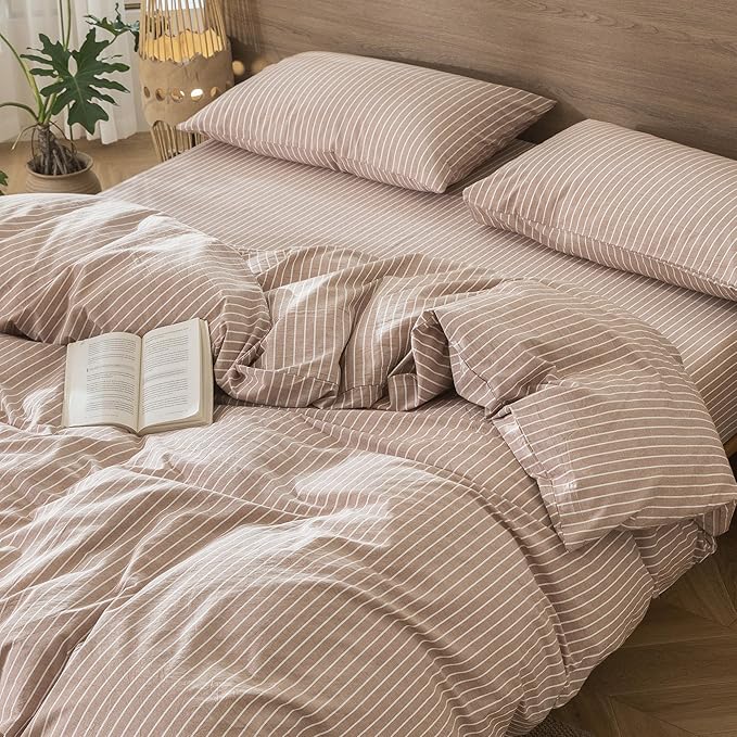 MooMee Striped Duvet Cover Set 100% Washed Cotton Linen Like Textured Breathable Durable Soft Comfy (Orange White Wide Stripes, Oversized Queen 98"x98")