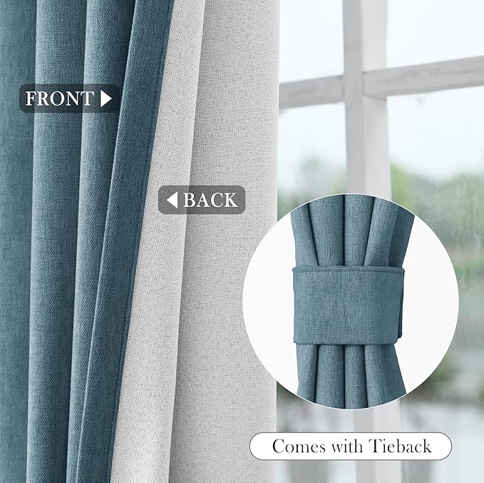 Macochico 100% Blackout Curtains Thermal Insulated Noise Reducing Chenille Curtains for Hotel Auditorium Bedroom Living Room Grommet Teal Blue Curtains with Tieback Classic 52" Wx84 L 1 Panel