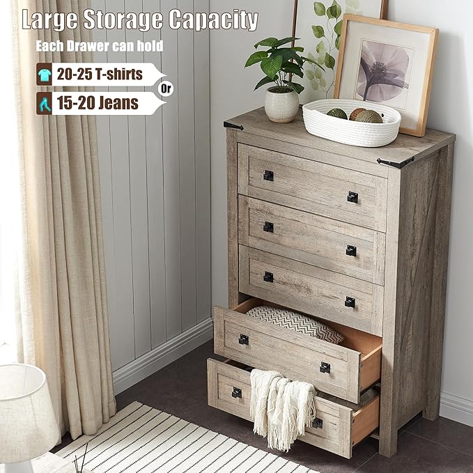 T4TREAM Farmhouse 5 Drawers Dresser Chests for Bedroom, Wood Rustic Tall Chset of Drawers,Dressers Organizer for Bedroom, Living Room,Hallway, Light Rustic Oak