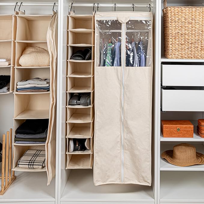 Household Essentials Cedarline 6-Shelf Hanging Closet Organizer, Heavy-Duty Cotton Canvas, Breathable, Versatile, Compact, Perfect for Rod or Wire Closets, Natural