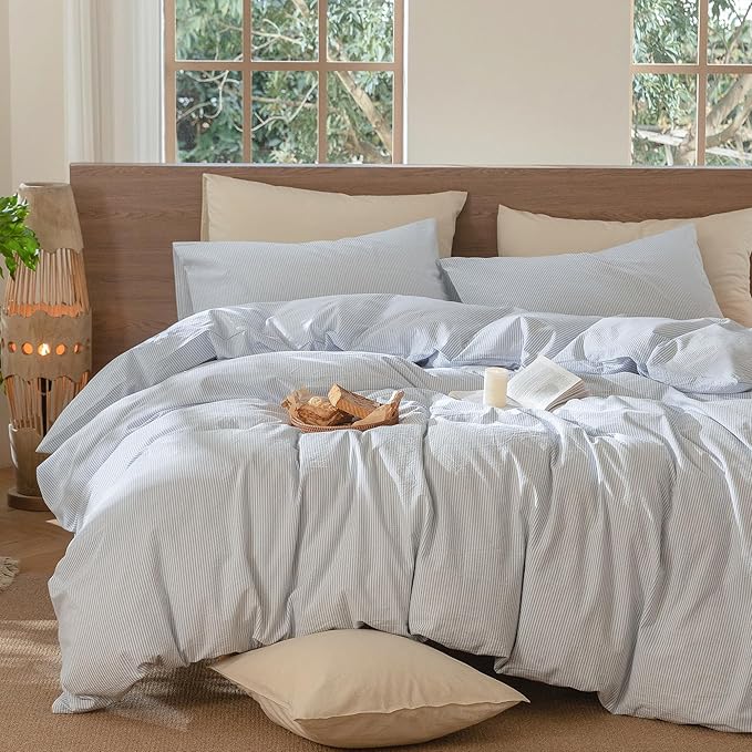 MooMee Striped Duvet Cover Set 100% Washed Cotton Linen Like Textured Breathable Durable Soft Comfy (Cornflower Blue White Pinstripes, Full 80"x90")