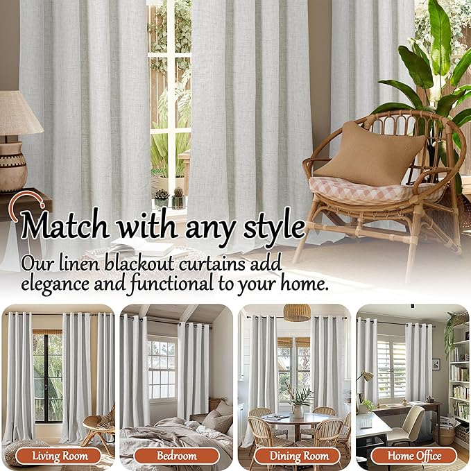 Linen Blackout Curtains for Living Room Narrow Window, Thermal Insulated Complete Light Blocking Soundproof Small Curtains for Bedroom, Each 38 Inch Wide 80 Inch Length 2 Panels, Light Grey