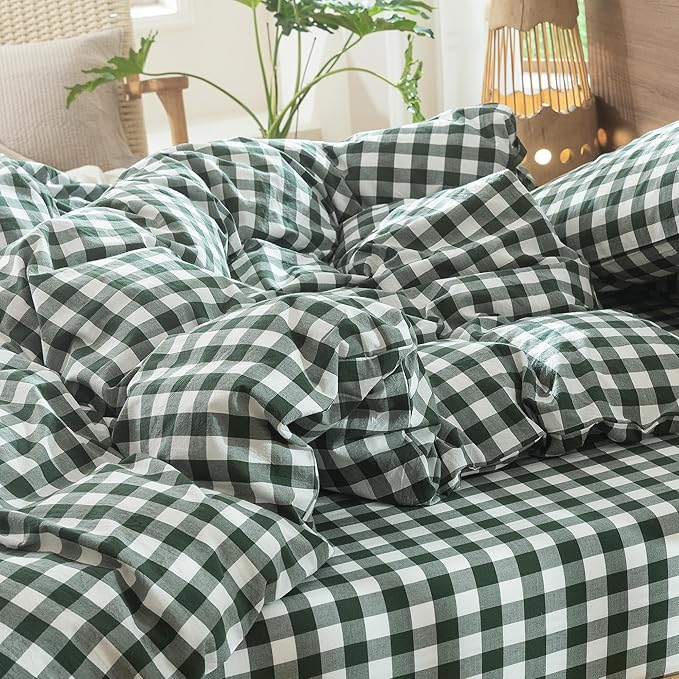 MooMee Gingham Duvet Cover Set 100% Washed Cotton Linen Like Textured Breathable Durable Soft Comfy Modern Checkered Design (Buffalo Plaid Forest Green, Full 80"x90")