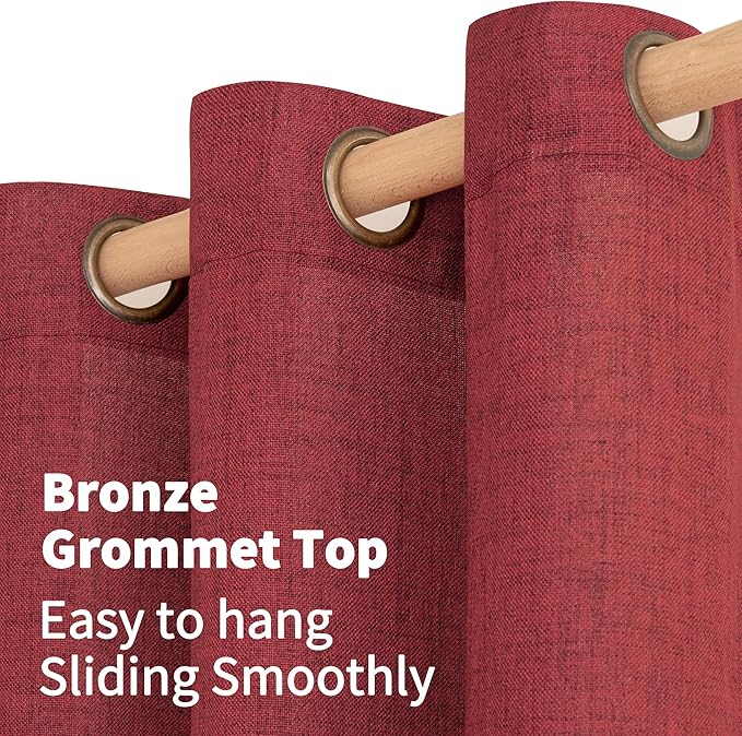 YoungsTex Red Linen Curtains 45 Inch Length, Short Light Filtering Drapes with Bronze Grommet Semi Sheer Privacy for Kitchen Living Room Window Lightweight, 42 x 45 Inch, 2 Panels