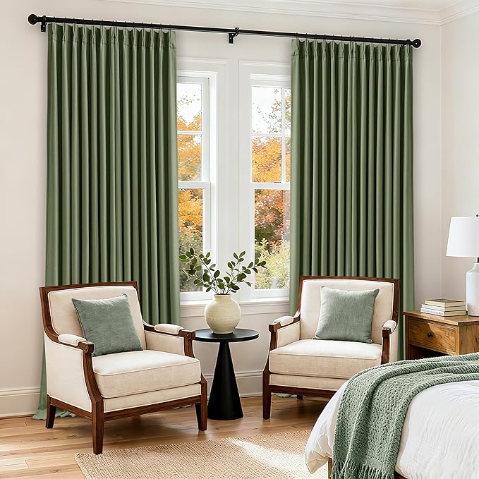Pleated Blackout Olive Green Curtains 96 Inches Long 2 Panels Set for Bedroom Living Room Darkening Linen Blend Back Tab Pinch Pleat Memory Shape with Liner Soundproof 96 Inch Window Curtains