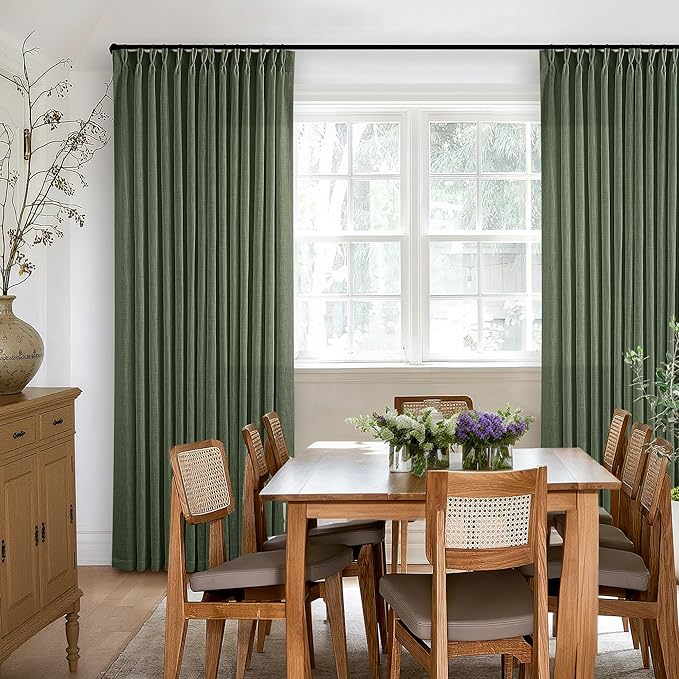Pleated Linen Olive Green Curtains 102 Inches Long 2 Panels Set for Living Room Bedroom Neutral Farmhouse Cotton Linen Blend Back Tab Memory Shape Pinch Pleat Ceiling Floor 102 Inch Window Curtain