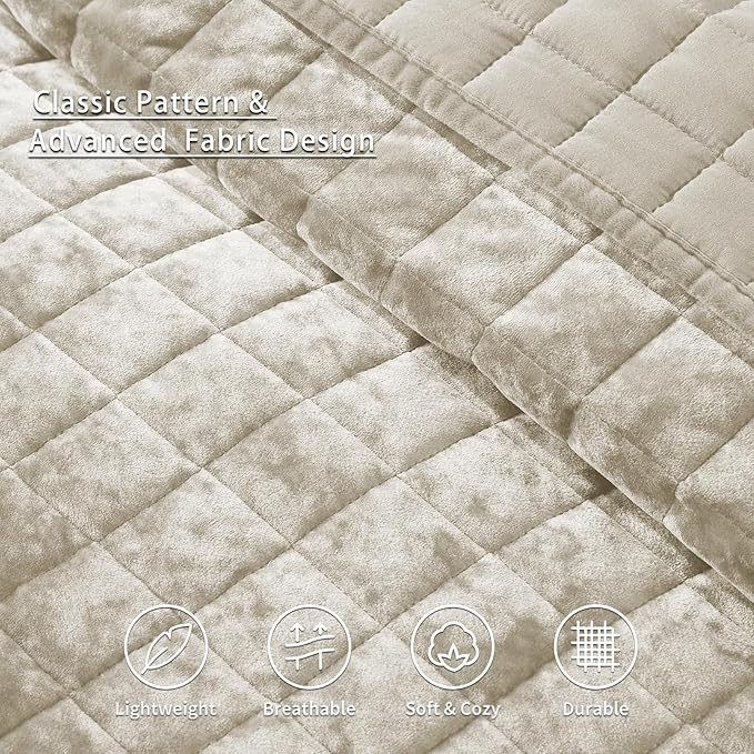 LEAONME Velvet Quilt Oversized California King-120''x120'', Lightweight Beige Velvet Comforter Set with 2 Pillow Shams, Oversized Bedspread Coverlet Quilted Bedding Set for All Season