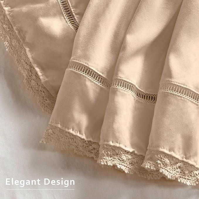 MIYE Wrap Around Ruffled Lace Bed Skirt, Elastic Dust Ruffle with Adjustable Belts, Easy to Put On, Bed Frame Cover, Machine Washable (Floral Lace/Beige, Full/Twin-12.5" Drop)