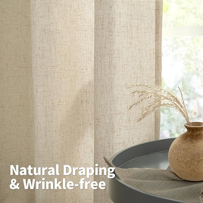 YoungsTex Burlap Linen Curtains 80 Inches Length for Living Room Farmhouse, Natural Semi Sheer Window Treatments Light Filtering with Grommet Privacy for Bedroom, 2 Panels, 52 X 80 Inch