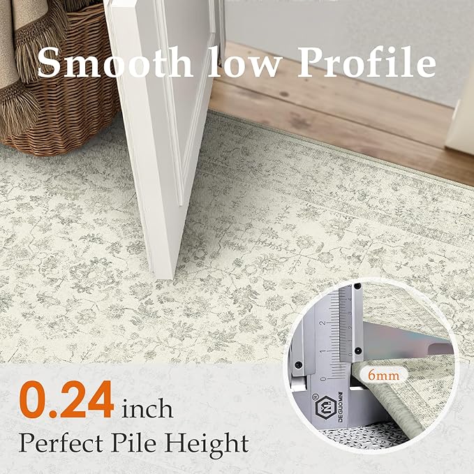 5x7 Grey Area Rug Non Slip Vintage Living Room Distressed Machine Washable Carpet Traditional Indoor Bedroom Grey Retro Floral Accent Throw Rug for Office Kitchen Dorm Dining Room