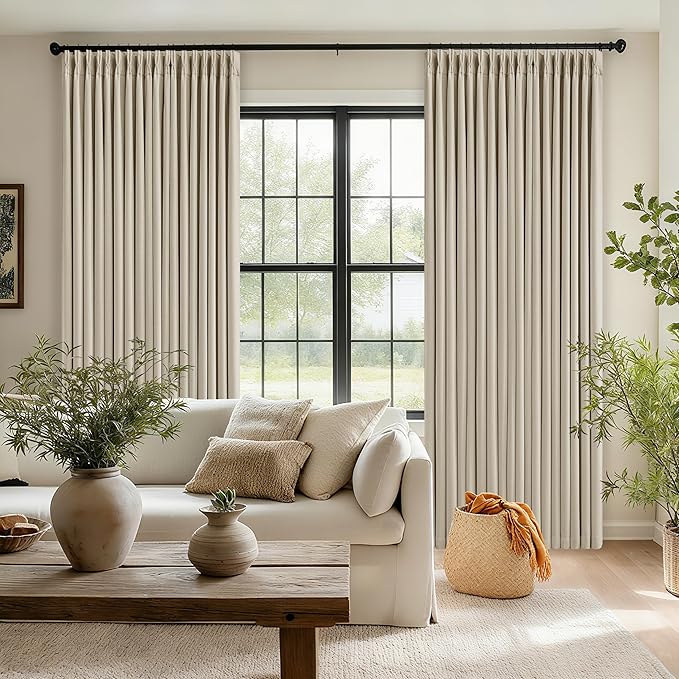 Neutral Oatmeal Pinch Pleated 100% Blackout Linen Curtains 80 Inch Length 2 Panels Set Pinch Pleat Curtains Black Out Light Blocking Room Darkening Drapes with Liner for Bedroom Living Room Window