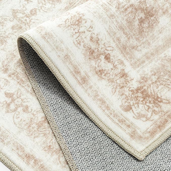 Area Rug 9x12 Cream Washable Living Room Beige Carpet Non Slip Vintage Medallion Indoor Bedroom Beige Carpet Low Pile Soft Retro Distressed Large Rug Home Office Dining Room Playroom