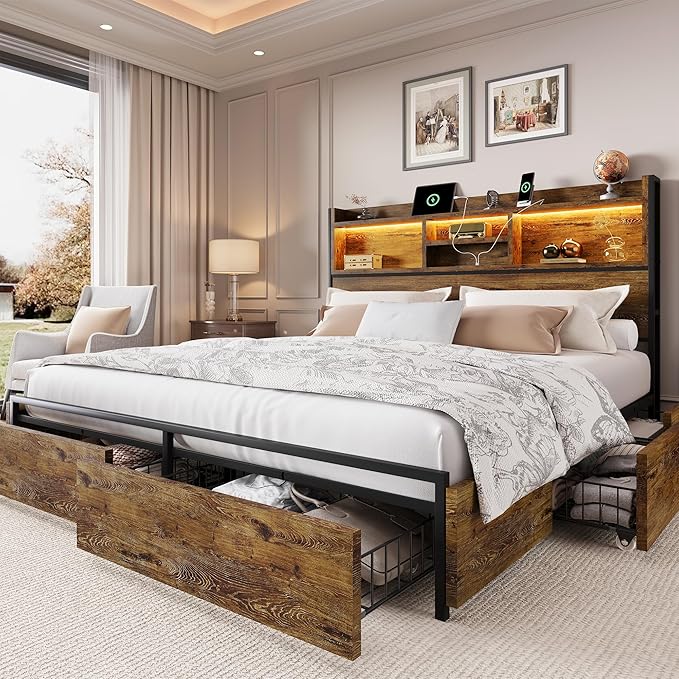 LARMACE Queen Size Bed Frame with 6 Storage Drawers and Headboard Wooden Platform Bed Frame with LED Lights and Charging Station Easy Assembly/No Box Spring Needed/Vintage Brown