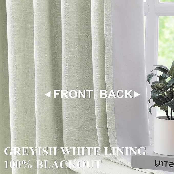 Vision Home Green Linen Full Blackout Curtains 108 inch for Bedroom Living Room Darkening Soundproof Window Panels 9FT Thermal Insulated Rod Pocket Back Tab Farmhouse Drapes 56" Wx108 Lx2