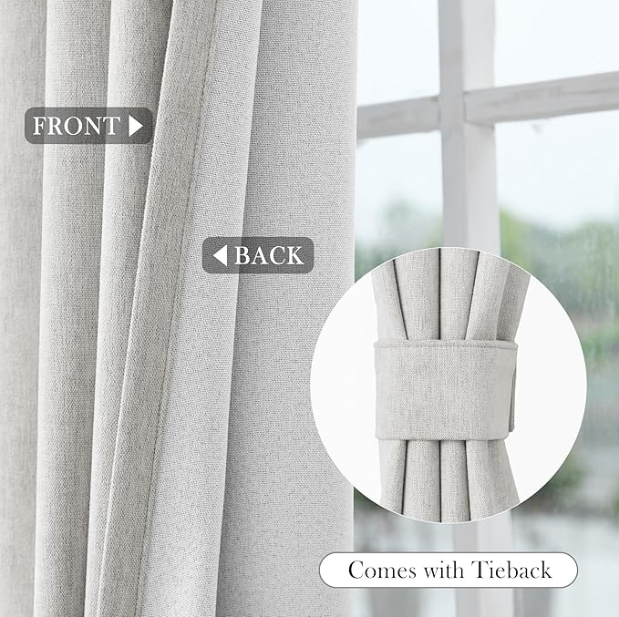 Macochico 100% Blackout Chenille Curtains 96 Inches Long for Hotel Nursery Noise Reducing Thermal Curtains for Bedroom Living Room Grommet White Curtains with Tieback 52" Wx96 L Classic 1 Panel